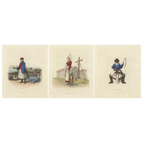 French Costumes and Trades, 3 Finely Coloured Prints by R. Bridgens, 1835