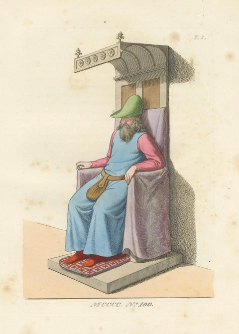 Medieval Elder in Throne c.1400s, Antique Costume Study Print, 1845, close-up 4