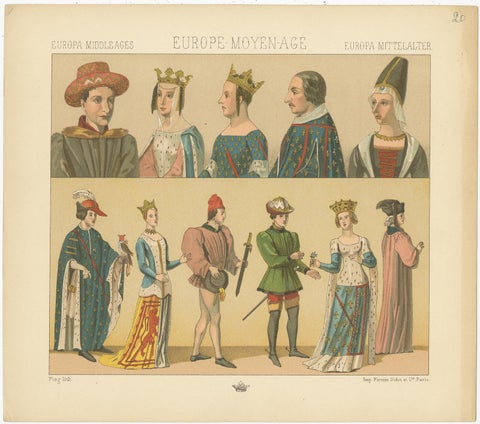 Pl. 20 Antique Print of European Costumes by Racinet, circa 1880, view 3