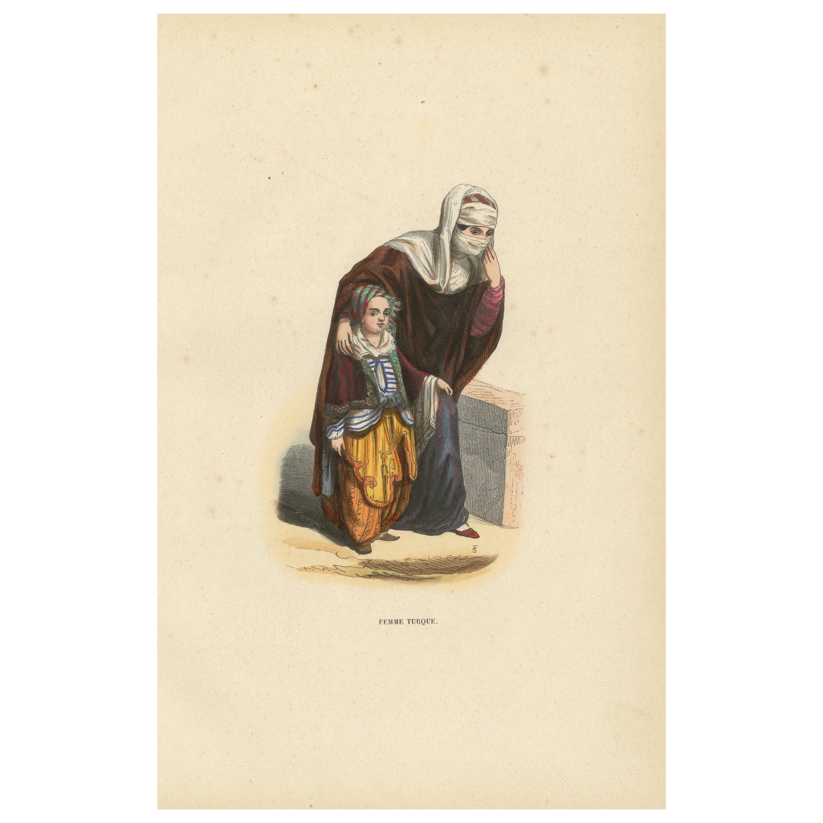 Turkish Woman with Child, Ottoman Costume, Hand-Coloured Lithograph, c.1845