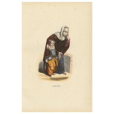 Turkish Woman with Child, Ottoman Costume, Hand-Coloured Lithograph, c.1845