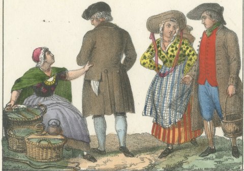 Amsterdam Fishwife, Gelderland Peasants and English Gentlemen, Lithograph, 1842, close-up 1