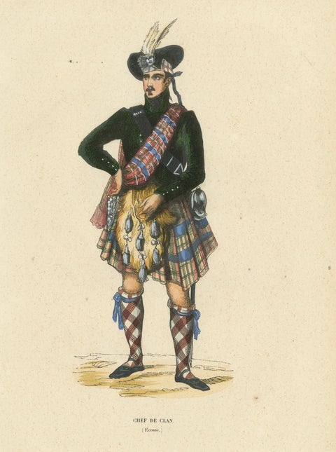 Scottish Clan Chief in Highland Dress, Hand-Coloured Lithograph, c.1845, close-up 1