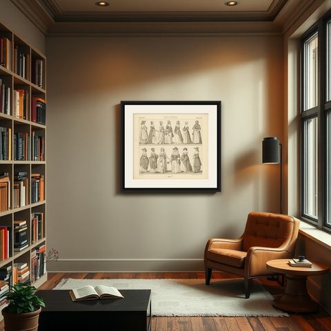 Pl. 158 Antique Print of English Dresses by Racinet, 'circa 1880', shown framed in a room