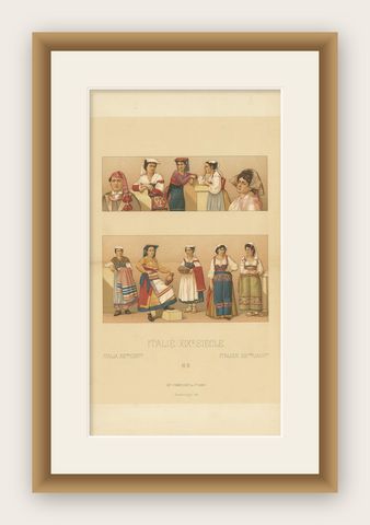 Pl. 173 Antique Print of 19th Century Italian Clothing by Racinet, shown framed