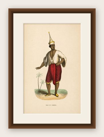Antique Thai or Siamese Costume Print, Hand-Colored Engraving, 1854, shown framed
