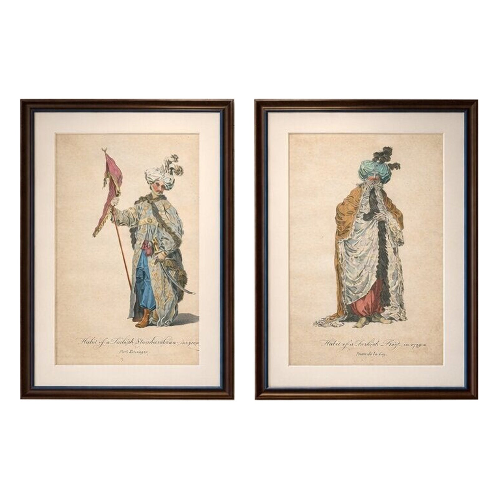 Antique Ottoman Costume Prints Pair, Standard Bearer & Turkish Priest, 1749
