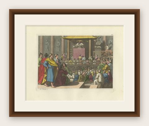 Japanese Preacher in Temple, Ferrario Costume Print, Hand-Colored c.1815, shown framed