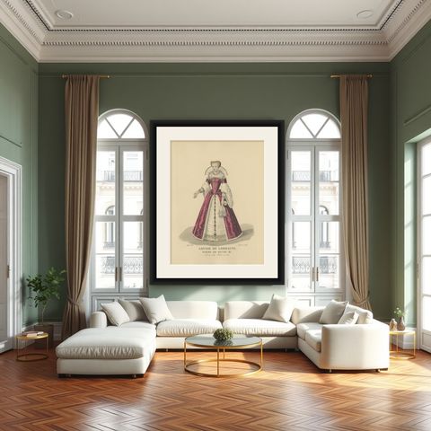 Antique Costume Print of Louise de Lorraine, Queen of France, 1900, shown framed in a room