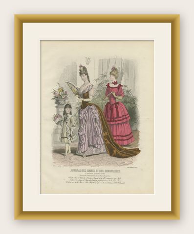 Antique French Fashion Plate, Paris Ladies with Fan & Child, c.1880, shown framed