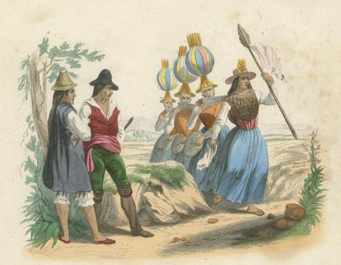 Original Antique Costume Print of Peru, Arrieros & Aymara Dance, c.1840, close-up 1