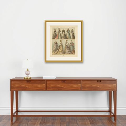Pl. 63 Antique Print of European 16th Century Costumes by Racinet, circa 1880, shown framed on a wall