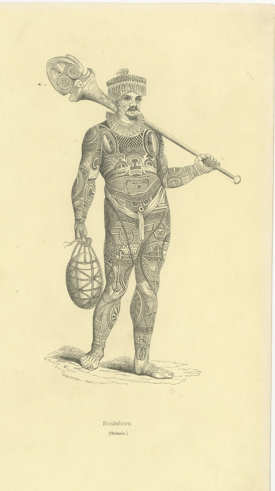 Noukahiwa, Oceania, Antique Wahlen Costume Print, 1843-1844
