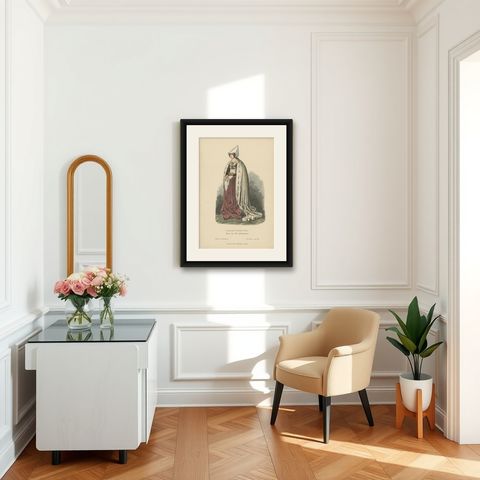 Antique Costume Print of a Patrician Woman from Lübeck, Germany, c.1880, shown framed in a room