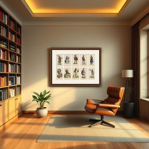 Antique Pacific Islanders & Polynesian Costume Prints, Set of 10, c.1852, shown framed in a room