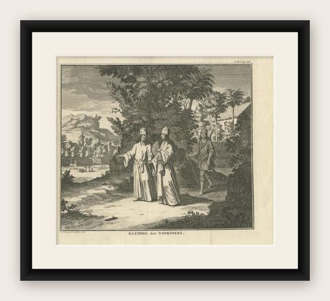 Original Antique Costume Print of Tonkin People from Vietnam in Asia, 1730, shown framed