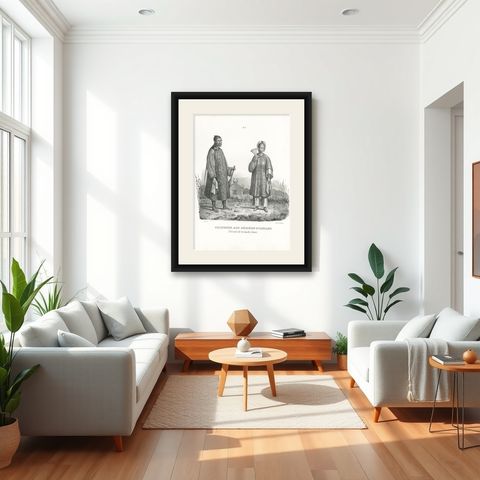 Antique Print of a Chinese Nobleman and Noblewoman by Honegger, 1845, shown framed in a room