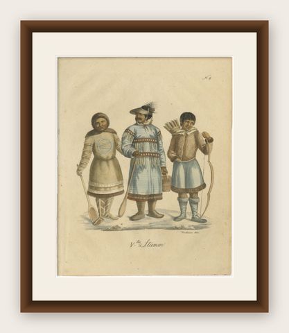 Nenet, Aleut & Inuit Costume Study, Brodtmann Lithograph, 1816, shown framed