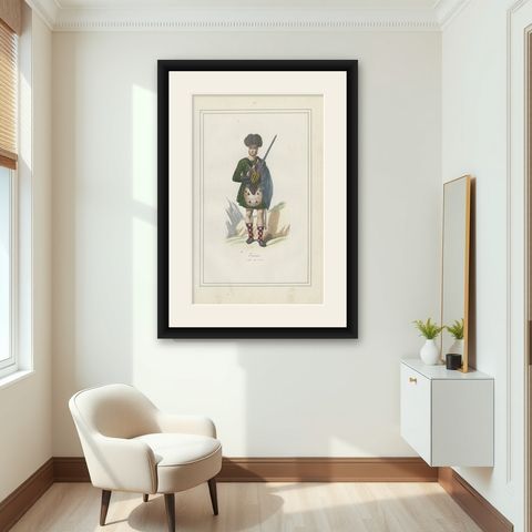 Antique Costume Print of Scottish Clan Chief in Highland Dress, 1854, shown framed in a room