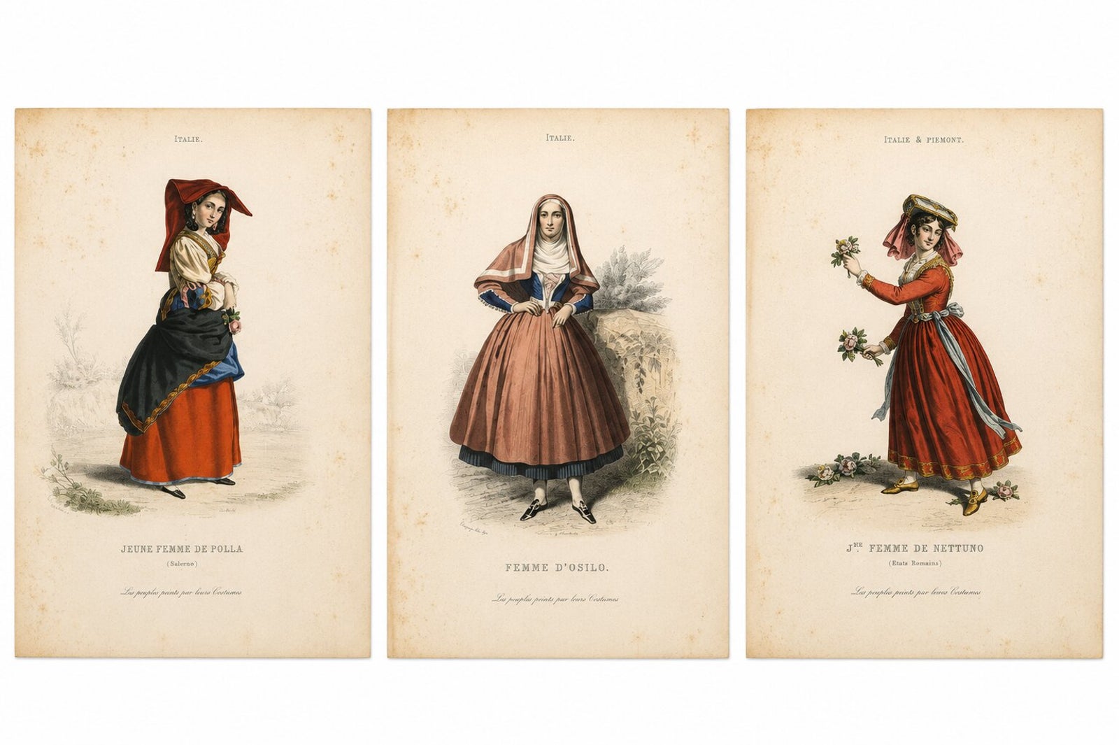 Set of Three Antique Italian Women Folk Costume Engravings, circa 1850