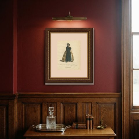 Lady in the Highlands of Scotland in 1745, Tartan Plaid, Jefferys Plate, 1757, shown framed on a wall