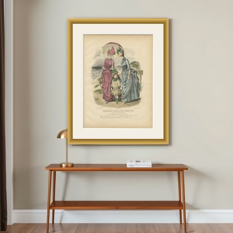 Antique French Fashion Plate, Seaside Ladies with Parasol & Child, c.1880, shown framed on a wall