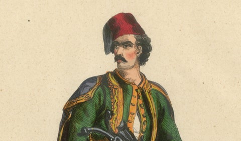 Greek Man in Traditional Dress, Hand-Coloured Lithograph, c.1845, close-up 2