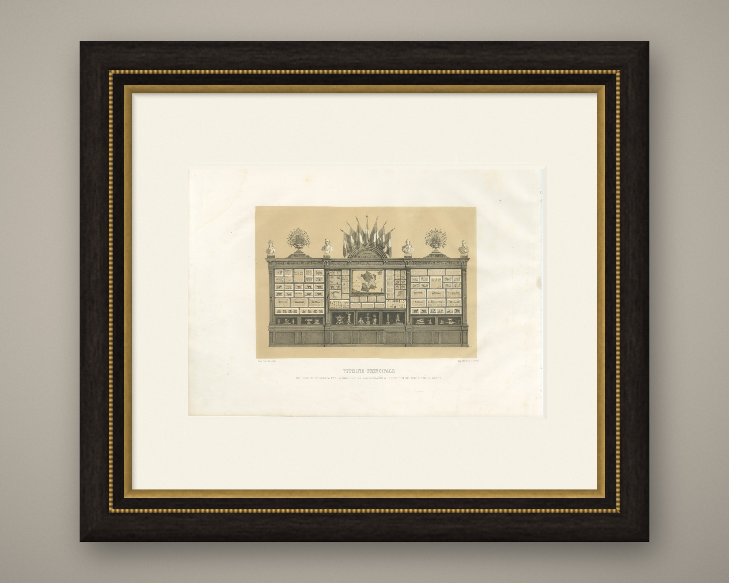 Antique Print of the French Agriculture Display, Vienna World Fair, 1873, shown framed