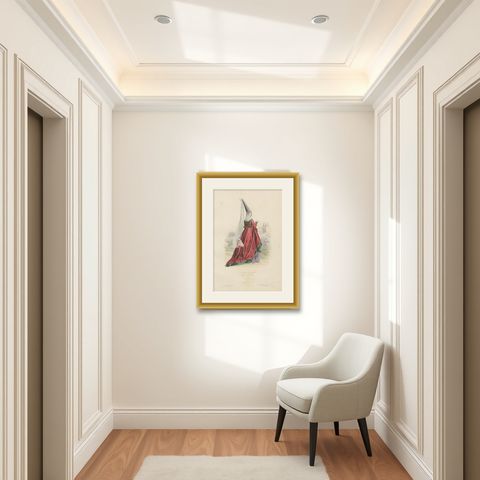 Antique French Costume Print of a Noble Lady in Medieval Attire, 19th Century, shown framed in a room