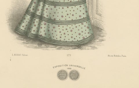 Victorian Day Elegance: Fashionable Gowns in Lithograph Published in 1889, close-up 1