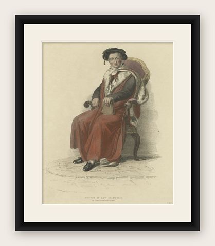 Old Hand-Colored Print of a Doctor in Law or Physic, in Congregation Robes, 1814, shown framed