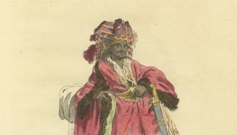 Antique Costume Print, Indian Chief, Exotic Dress & Arms, 1749, close-up 3