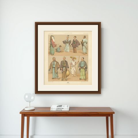 Pl. 64 Antique Print of Japanese Costumes by Racinet, 'circa 1880', shown framed on a wall