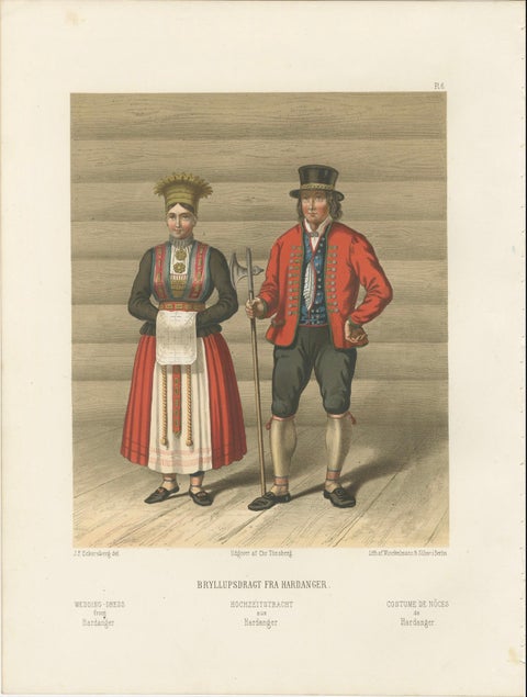 Norwegian Bride and Groom in Hardanger Dress, Antique Print, 1860s, close-up 1