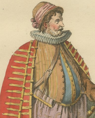 French Gentleman in 1581 with a Braided Red Coat, Jefferys Costume Plate, 1757, close-up 1