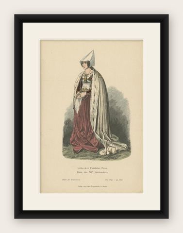 Antique Costume Print of a Patrician Woman from Lübeck, Germany, c.1880, shown framed