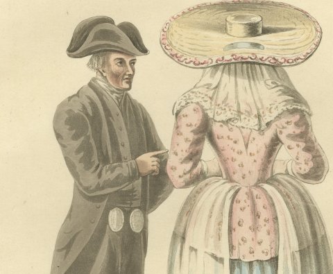 Man and Woman of North Holland, Antique Ackermann Costume Print, 1817, close-up 1