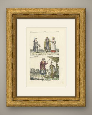 A Dalmatian, Montenegrins and Clementine Women in Costume, 1842, shown framed