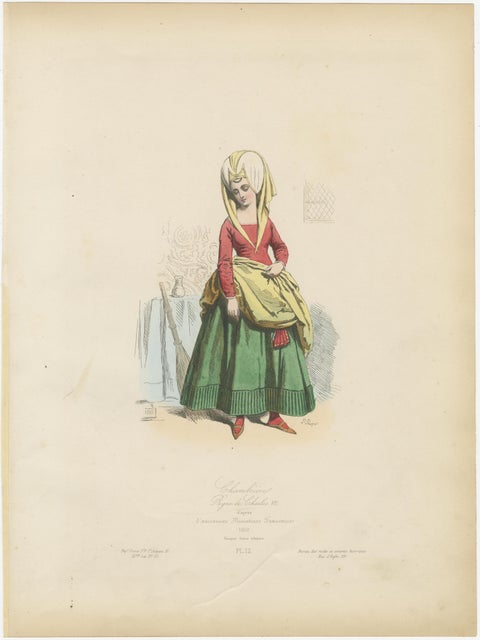 Antique French Costume Print of Medieval Chambermaid, Hand-Colored, 19th Century, view 2