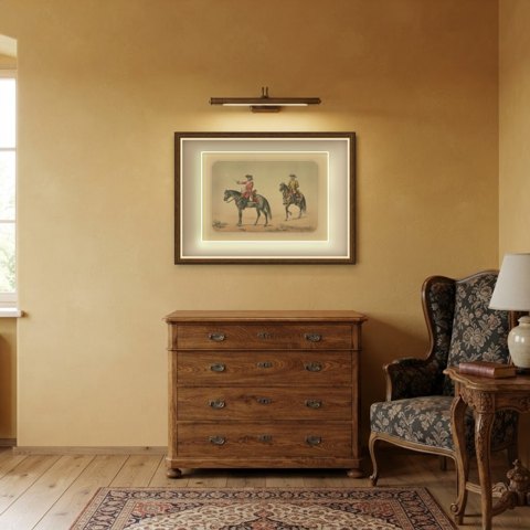 Two Spanish Cavalry Officers in Tricorn Hats, Villegas Lithograph, Madrid, 1861, shown framed in a room
