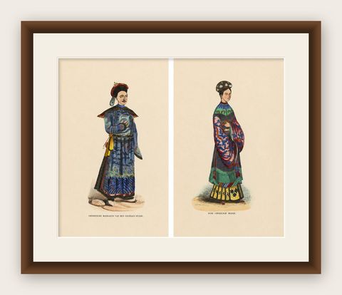 Chinese Costumes Pair, Antique Hand-Colored Engravings, Dutch, 1854, shown framed