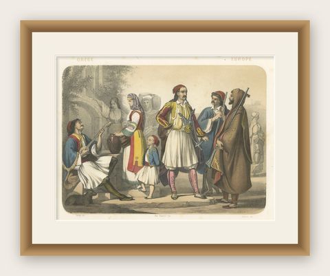 Greek Costumes, Athenians and Palicars of Selléide, c.1845, shown framed