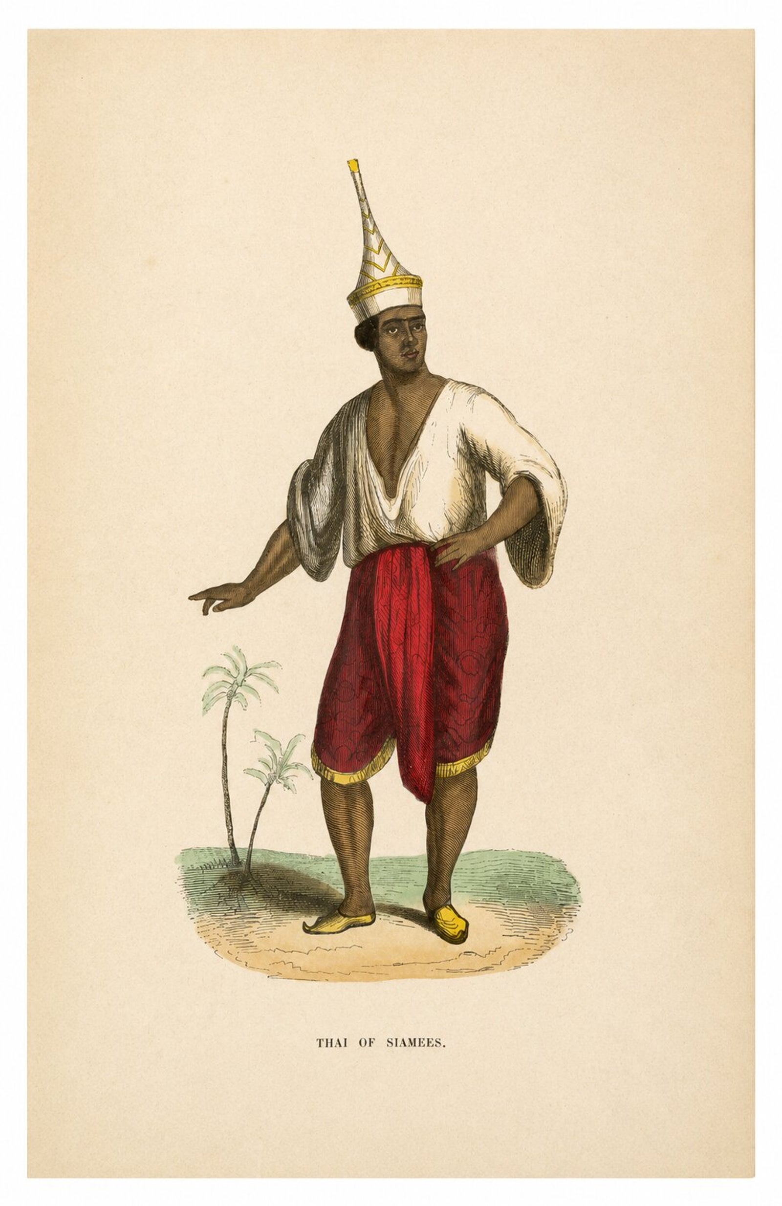 Antique Thai or Siamese Costume Print, Hand-Colored Engraving, 1854
