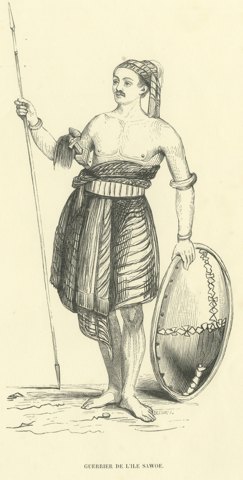 Warrior of the Island of Sawoe, Antique Wahlen Costume Print, 1843-1844