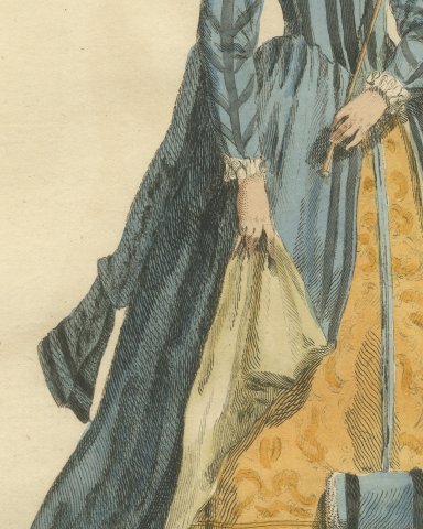 English Lady of Quality in 1588 with Feather Fan, Jefferys Costume Print, 1757, close-up 2