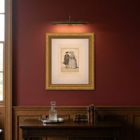 Frisian Couple after the Sermon, Dutch Costume Print, 1811, shown framed on a wall