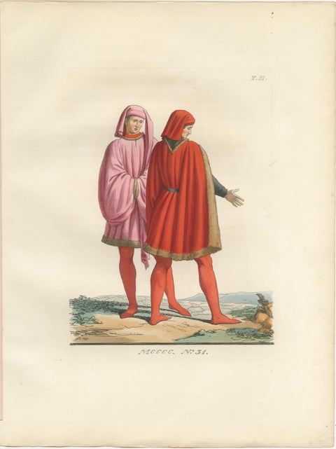 Medieval Costume Figures, 3 Elegant Hand-Colored Antique Prints, France 1845, view 4