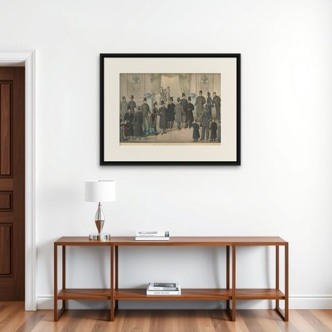 Antique Print of Men and Women's Fashion ii, circa 1900, shown framed on a wall