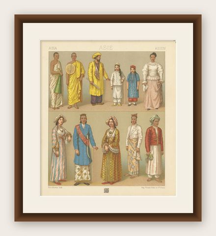 Pl. 39 Antique Print of Asian Clothing by Racinet, 'circa 1880', shown framed