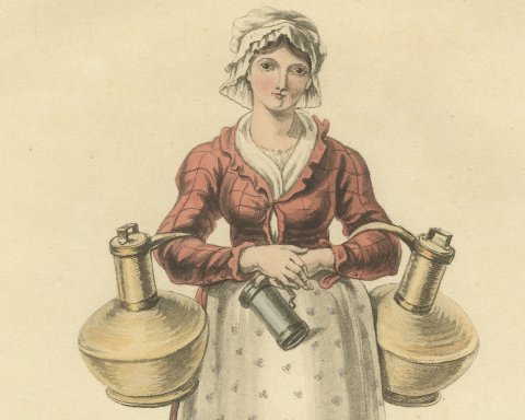 Milk Woman of Valenciennes with Brass Milk Cans, Antique Ackermann Print, 1817, close-up 1